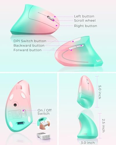 Lekvey Ergonomic Mouse, Rechargeable Wireless Vertical Mouse, Pink Green - Image 6