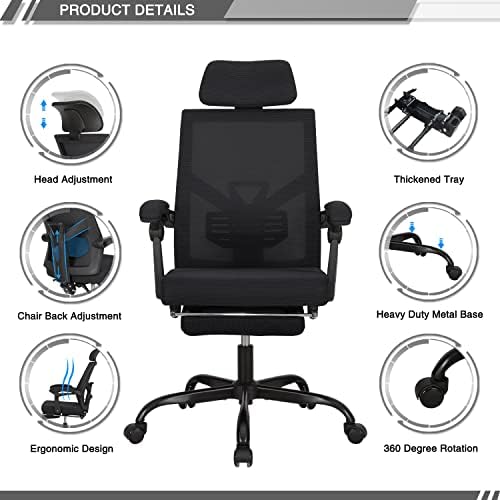 Qulomvs Mesh Ergonomic Office Chair with Footrest Home Office Desk Chair with Headrest and Backrest 90-135 Adjustable Computer Executive Desk Chair with Wheels 360 Swivel Task Chair - Image 5