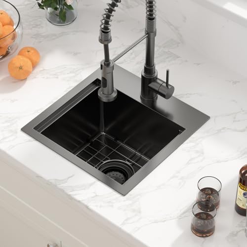 Sarlai Drop Bar Sink -15 Inch Black Outdoor Kitchen Sink Gunmetal Black Drop In Workstation 15 x 15 Topmount Stainless Steel 16 Gauge Single Bowl Kitchen Bar Prep RV Outdoor Sinks Basin - Image 4