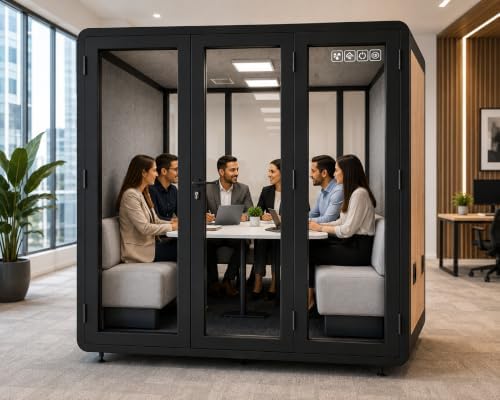 Mobile Office Pod for 4–6 People, Sound-Reducing Meeting Booth with Glass Door, Ventilation, LED Lighting & Power Outlets - Image 2
