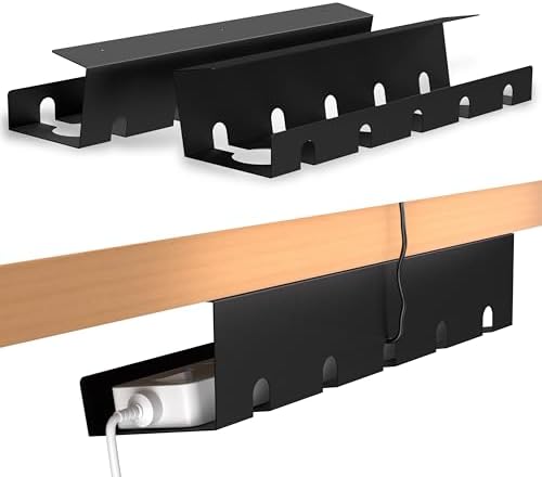 2 Pack 17" Under Desk Cable Management Tray, Metal Wire Management Standing Desk Cord Organizer Power Strip Holder with Cable Ties and Clips for Home Office, Black by KOSEOO