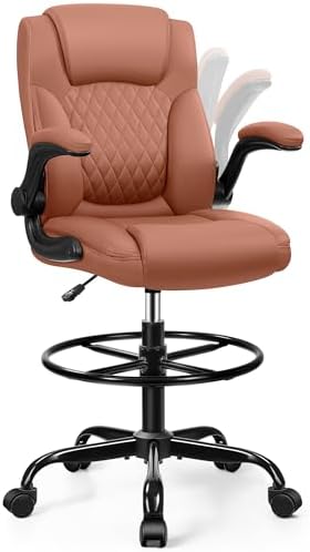 Drafting Chair, Tall Office Chair for Standing Desk, High Executive Leather Ergonomic Computer Chair with Adjustable Height and Flip-Up Armrest for Counter Height Desk, Brown, Pack of 1 by BrickAttic