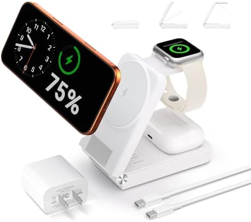 3 in 1 Charging Station, 25W Foldable Magnetic Fast Wireless Charger Stand by FastandSafeCharging