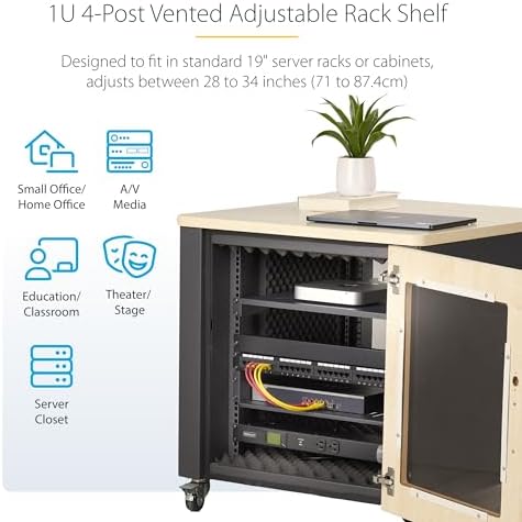 StarTech 1U 4-Post Vented Rack Shelf, 28-34.4in, 150lb (ADJSHELFV-Rack) - Image 2