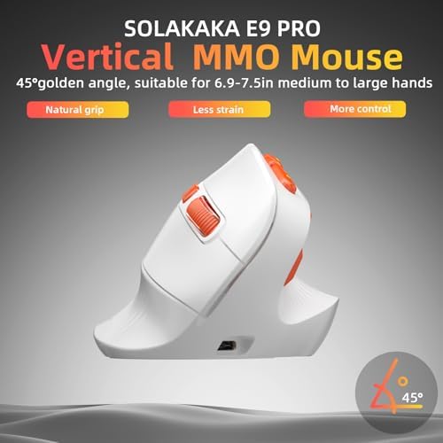 SOLAKAKA E9 PRO Vertical MMO Gaming Mouse - Ergonomic Wireless Mouse with 10 Side Buttons,PAW3395 36000 DPI Sensor,45°Grip,Tri-Mode 2.4G/BT/Wired, RGB,1000mAh Rechargeable Mouse for PC/Mac - White - Image 3