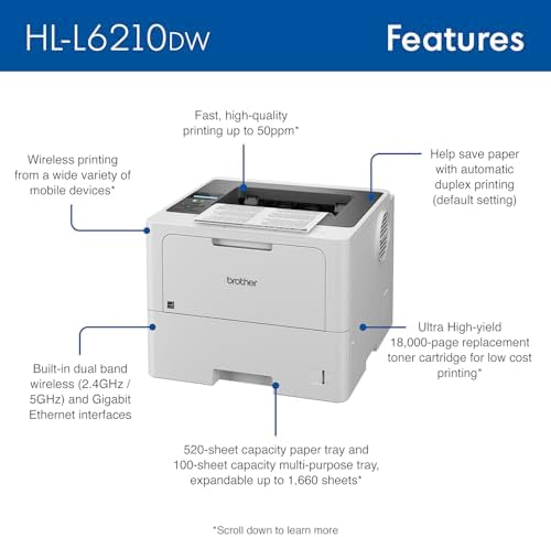 Brother HLL6210DW Business Monochrome Laser Printer with Large Paper Capacity, Wireless and Gigabit Ethernet Networking, Advanced Security Features and Mobile Printing (Renewed Premium) - Image 2
