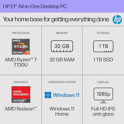 HP 27 inch All-in-One Desktop PC, FHD Display, AMD Ryzen 7 7730U, 32 GB RAM, 1 TB SSD, AMD Radeon Graphics, Windows 11 Home, 27-cr0012 (2024) - Image 2
