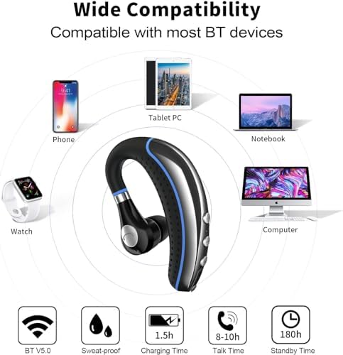 Bluetooth Headset V5.0 Wireless Bluetooth Earpiece with Noise Canceling Mic for Cell Phone Ultralight Business Earphone for Driving/Trucker/Office Earbus for Android/iPhone/Smartphone-Blue - Image 3