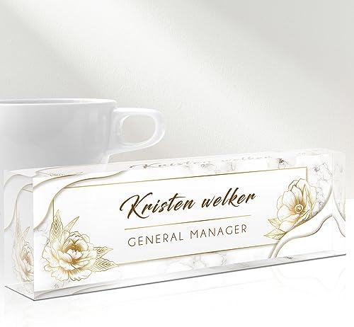 Desk Name Plate Personalized, Custom Name Plates for Desks, Personalized Acrylic Name Plate for Desk, Office Gifts for Cowrkers, Boss, Teacher/Employee Appreciation Gifts (White Marble/Gold Rose) by Gowelly