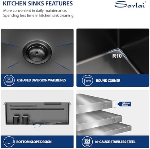 Sarlai 33 Inch Waterfall Kitchen Sink Workstation - 33x22 Black Waterfall Drop In Sink Stainless Steel 16 Gauge Sink Multifunction Single Bowl Smart Top Mount Kitchen Sinks with Faucet Combo - Image 5