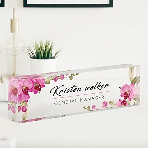 Desk Name Plate Personalized, Custom Name Plates for Desks, Office Desk Decor, Orchids Style Clear Acrylic Glass Block, Personalized Office Gifts for Women Men Boss Teachers Coworker Appreciation Gift by SalaGraphics