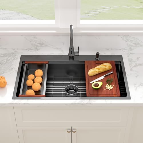 Sarlai 36 Inch Drop In Kitchen Sink - 36x22 Black Drop Kitchen Sink Ledge Workstation 16 Gauge Stainless Steel Gunmetal Black Sinks Topmount Single Bowl Over Counter Sinks Basin Round Corners - Image 4