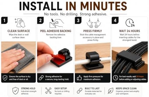 Cable Management Kit with Under Desk Raceway & 4 Long Cable Sleeves, Desk Cord Organizer with Cable Clips, Reusable Cable Ties & Cord Holders, Black - Image 6