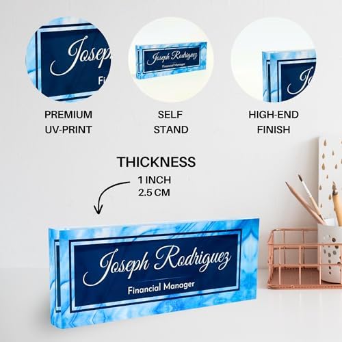 Customized Clear Acrylic Thick 8x3" Desk Name Plate Block with Personalized Logo - Professional Office Decor - Customized Acrylic Plate Gift for Teacher Co-workers (Blue Wave) - Image 2