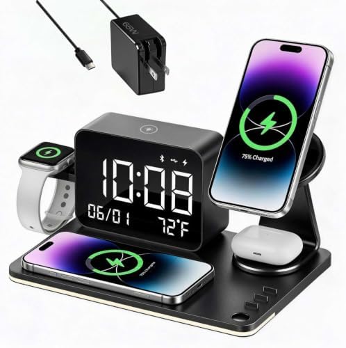 7-in-1 Magnetic Wireless Charging Station with Digital Clock & LED Lamp by THL
