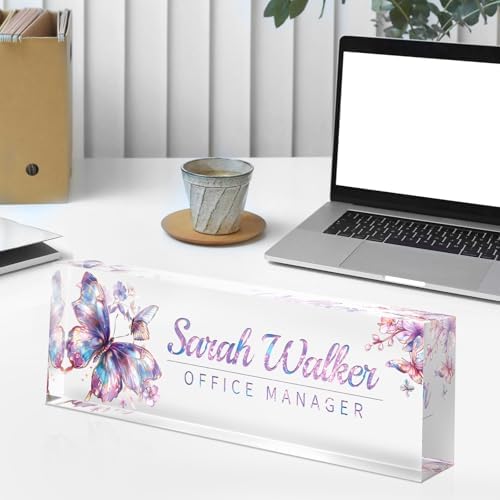 Custom Name Plate for Desk - Desk Name Plate Personalized - Acrylic Office Desktop Accessories - Appreciation Gifts for Coworkers Employee Teacher Boss - Office Decor for Women (Purple Gilt Butterfly) - Image 4