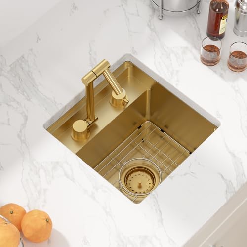 Sarlai Outdoor Sink, 15x15 Inch Gold Undermount Kitchen Sink Workstation with Foldable Faucet Bar Prep Single Bowl Gold Kitchen Sinks16 Gauge Stainless Steel BBQ Sinks with Cover 15"x15"x9" - Image 2
