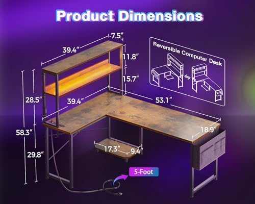 AODK L Shaped Desk Gaming Desk with LED Light & Power Outlet - Image 3