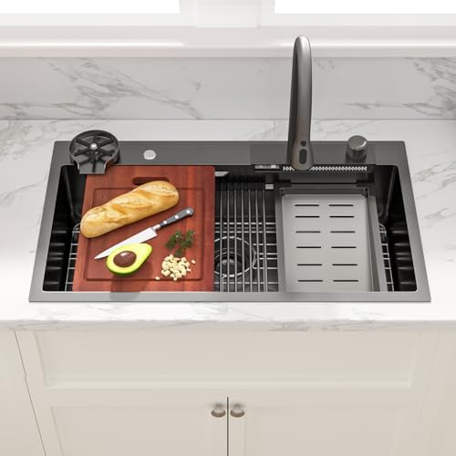 Sarlai Waterfall Kitchen Sink - 33 Inch Drop In Workstation Sink With Waterfall Black Stainless Steel 16 Gauge Multifunction Single Bowl Smart Top Mount Kitchen Sinks with Mechanical Keys 33x19x9 Inch - Image 4