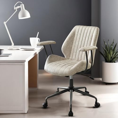 Mid Back Home Office Chair, Mid Century Modern Executive Chair, Comfy Ergonomic Rolling Office Desk Chair with Lumbar Support, Faux Leather Office Chair, Beige by Eco-ChicLivingBeautifullyAffordable
