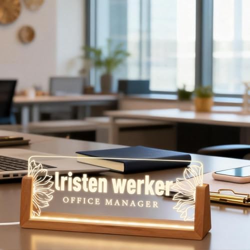 Personalized Light Up Acrylic Desk Name Plate - Custom Name Plate for Desk with Walnut Wood Base - Appreciation Office Gifts for Employees, Teacher, Social Worker (Sunflower-2) - Image 6