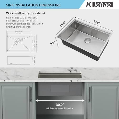 Kichae 27 Undermount Kitchen Sink Stainless Steel 16 Gauge Workstation - Image 5