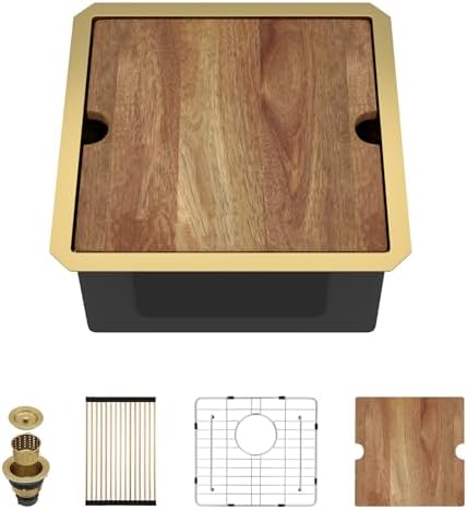 17x17 Inch Gold Undermount Bar Sink, Workstation SS304 Wet Bar Sink by SmartLivingBeautifulHomes