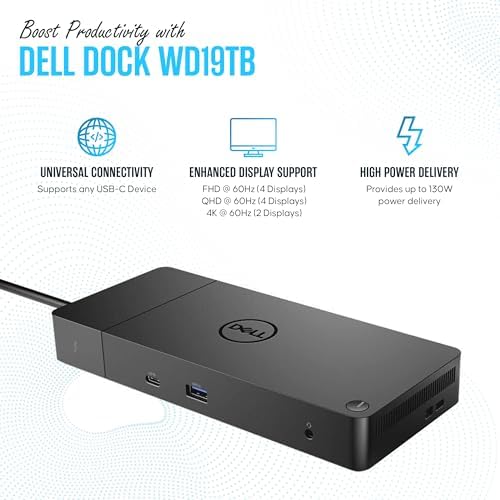 Dell WD19TB Thunderbolt Dock - 1 Year Warranty - Dell Docking Station Dual Monitor USB C with 180W, HDMI & DisplayPort Cable - Docking Station for Laptop & Computer (Renewed) - Image 3