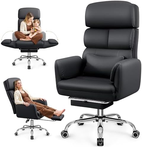 Big and Tall Office Chair 500LBS, Ergonomic High Back Leather Executive Chair, Reclining Swivel with Adjustable Armrests Lumbar Support Footrest, Criss Cross Legged, Black by BestEra