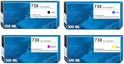 738 Ink Cartridge 300ml 498N8A 676M6A 676M7A 676M8A Replacement for 738 Ink Cartridge for DesignJet T850 T950 Wide Format Printer plotters（4 Pack Black, Cyan, Magenta, Yellow） by ZHINGUAN