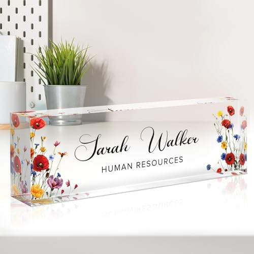 Name Plate for Desk, Desk Name Plate Personalized, Flowers Office Decor for Women Men, Acrylic Desktop Accessories, Office Gifts for Boss Nurse Teacher Coworker, Employee Appreciation Gift (Pink/Blue) by Spricoz