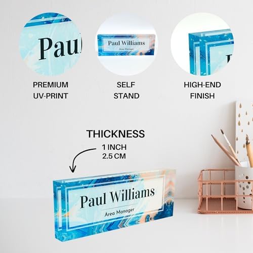 Customized Clear Acrylic Thick 8x3" Desk Name Plate Block with Personalized Logo - Professional Office Decor - Customized Acrylic Plate Gift for Teacher Co-workers (Blue-Beige Paint) - Image 2