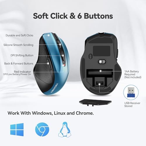 TECKNET Wireless Mouse, 2.4G Ergonomic Computer Mouse, 2600 DPI, Azure - Image 6
