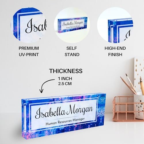 Customized Clear Acrylic Thick 8x3" Desk Name Plate Block with Personalized Logo - Professional Office Decor - Customized Acrylic Plate Gift for Teacher Co-workers (Indigo Dream) - Image 2