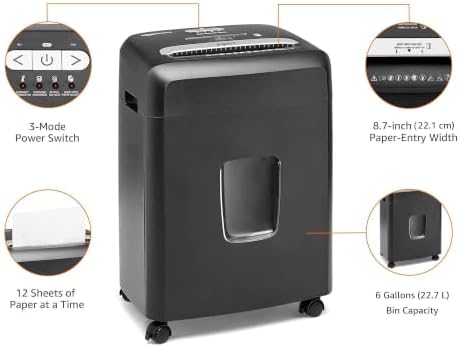 Amazon Basics 12 Sheet High Security Micro Cut Paper, Credit Card and CD Shredder with 6 Gallon Easy Emptying Bin, Casters, Black - Image 5