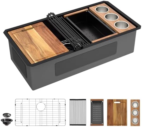 36" x 19" Undermount Matte Black Workstation Kitchen Sink by FULORNI