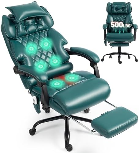 Massage Office Chair with Foot Rest,6 Points Vibration & Heat Executive Office Chairs for Heavy People,500LBS Big and Tall Office Chair,Ergonomic Reclining Desk Chair,Dual-Use Pillow,Home Office,Green by Unknown