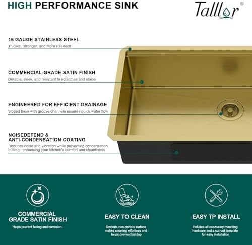 32"x19" Gold Undermount Kitchen Sink, Workstation All-In One Gold 16 Gauge T-304 Stainless Steel Under Counter Single Bowl Sink for Kitchen with Mixing Board & Pasta Strainer #TLU-0049 - Image 6