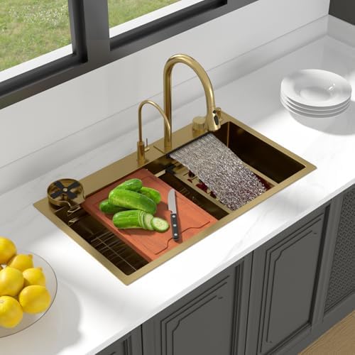 Lordear Waterfall Sink 33 Inch Gold Drop In Kitchen Sink Single Bowl - Image 2