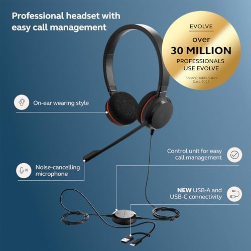 Jabra Evolve 20 Wired Headset (2025 Edition) with USB-A/USB-C, Black - Image 2