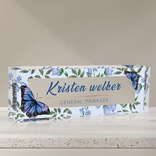 Desk Name Plate Personalized, Custom Name Plates for Desks, Office Desk Decor, Blue Butterfly Clear Acrylic Glass Block, Personalized Office Gifts for Women Men Boss Teacher Coworker Appreciation Gift by SalaGraphics