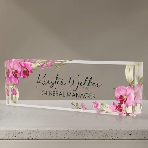 Personalized Name Plate for Desk, Custom Desk Name Plate, Acrylic Name Plate Office Desk Accessories, Personalized Office Gifts for Coworkers Teachers, Employee Appreciation Gifts (A-Butterfly Orchid) by EOBIBIFUN