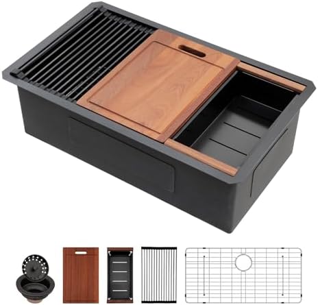 Sarlai 30 Matte Black Undermount Kitchen Sink Workstation 30x18 Inch Sinks by Sarlai