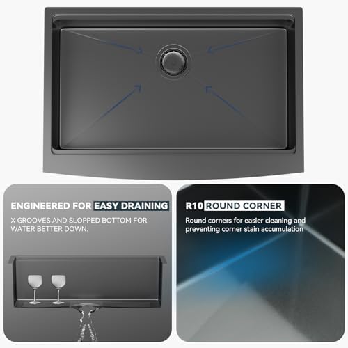 36 Black Farmhouse Sink - Lordear 36 Inch Kitchen Sink Ledge Workstation Gunmetal Black 16 Gauge Single Bowl Apron Front Farm Sinks Basin, 9" Apron Height - Image 6