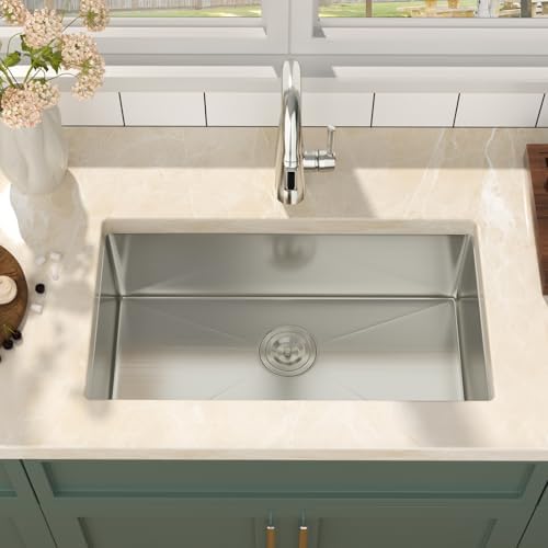 Mocoloo 28 Inch Undermount Kitchen Sink - 28" x 16" T304 Stainless Steel Handmade Single Bowl Round Corner Under Counter 9" Deep Basin - Image 4