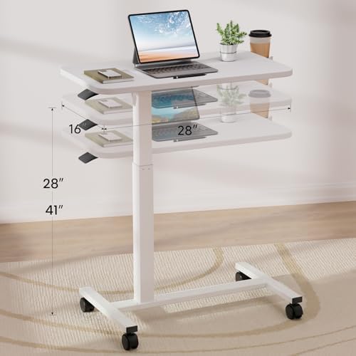 GTPLAYER Small Standing Desk with Wheels, Pneumatic Mobile Rolling Laptop Desk, Adjustable Height Overbed Bedside Table Computer Workstation for Home Office (28" W x 16" D, White) - Image 3