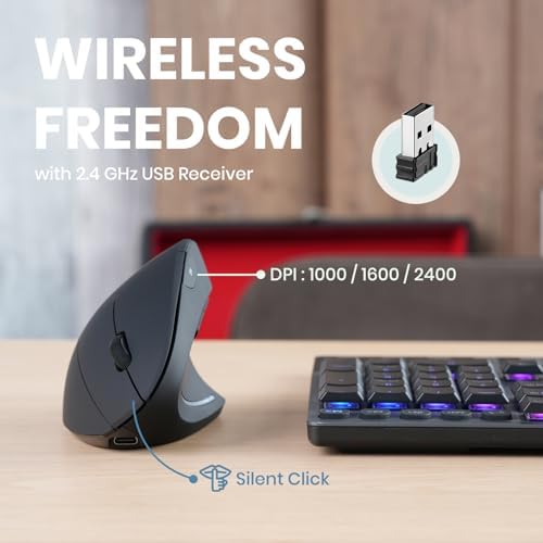 Perixx PERIMICE-713R Wireless Rechargeable Vertical Mouse - Duo Wired and Wireless Charging Feature - 6 Buttons Design - Black - Right-Handed Design - Image 6