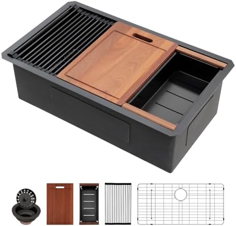 Sarlai 33 Matte Black Undermount Kitchen Sink Workstation 33x19 Inch Sinks by Sarlai