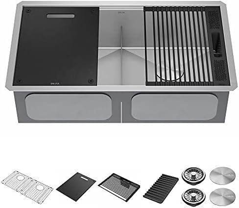 DELTA FAUCET Rivet 33-Inch Workstation Kitchen Sink Undermount 16 Gauge Stainless Steel 50/50 Double Bowl with WorkFlow Ledge and Chef’s Kit of 9 Accessories, 95B931-33D-SS by Unknown