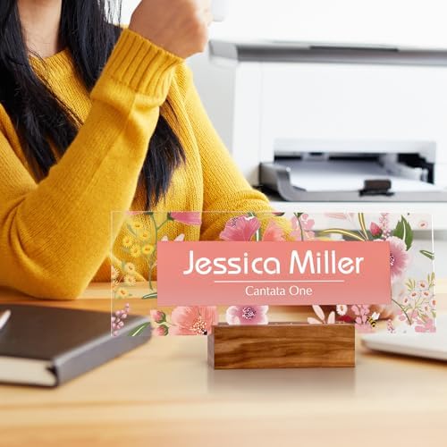 Personalized Name Plate for Desk with Walnut Wood Base | Clear Acrylic Office Decor with Flowers Design | Custom Desk Decorations | Ideal Personalized Gifts for Women with Name and Title Printing - Image 2